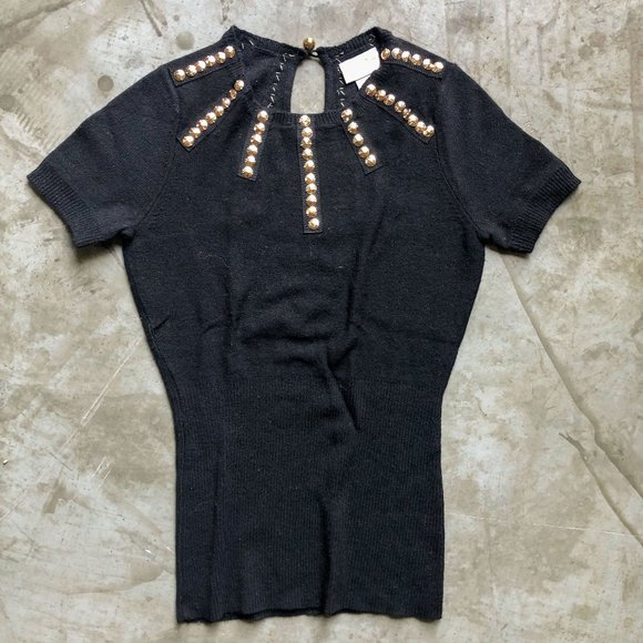 MINT vintage Tracy Reese black knitted short sleeve top with gold trim Sz P - Picture 1 of 7